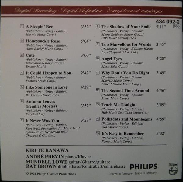 Kiri Te Kanawa, André Previn, Ray Brown, Mundell Lowe : Kiri Sidetracks (The Jazz Album) (CD, Album)