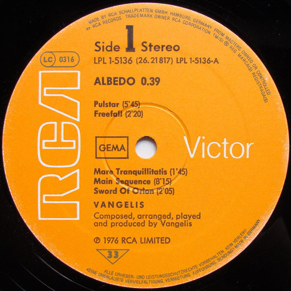Vangelis : Albedo 0.39 (LP, Album, Gat)