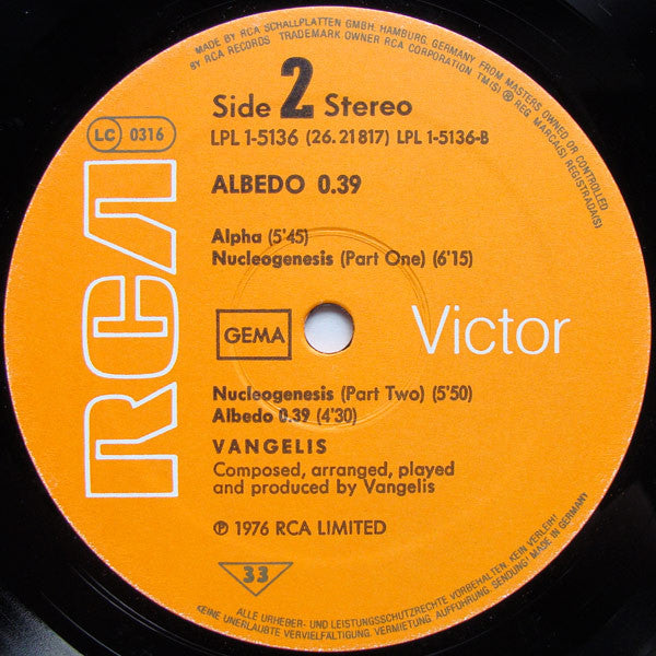Vangelis : Albedo 0.39 (LP, Album, Gat)