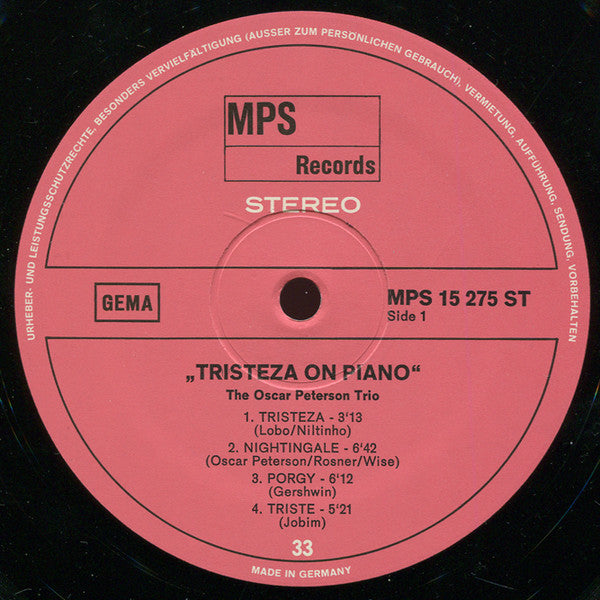 The Oscar Peterson Trio : Tristeza On Piano (LP, Album, Gat)