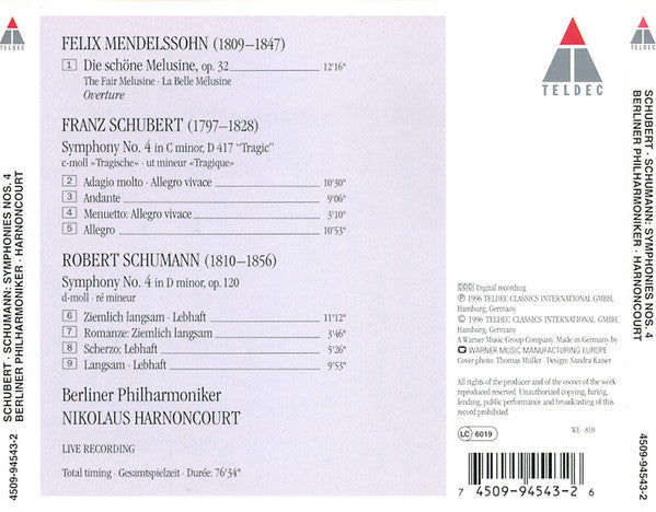 Franz Schubert, Robert Schumann - Berliner Philharmoniker, Nikolaus Harnoncourt : Symphony No.4 'Tragic', Symphony No.4 (CD)
