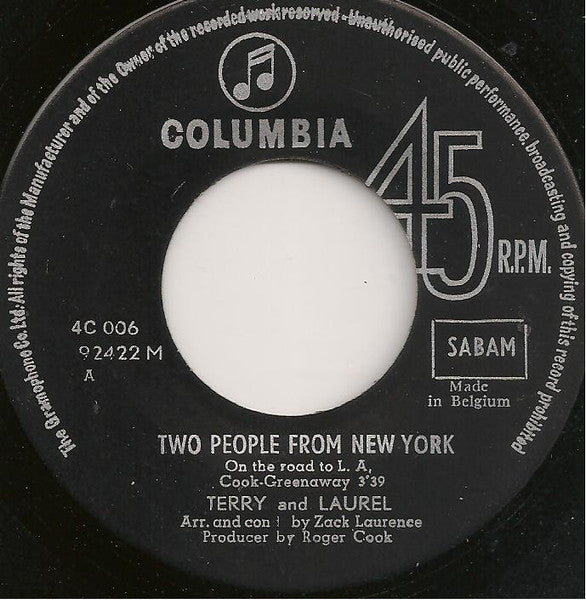 Terry And Laurel : Two People From New York (On The Road To L.A.) (7", Single, Mono)