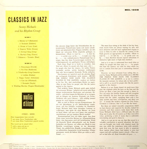 Sonny Michaels And His Rhythm Group : Classics In Jazz For Your Dancing Pleasure (LP)