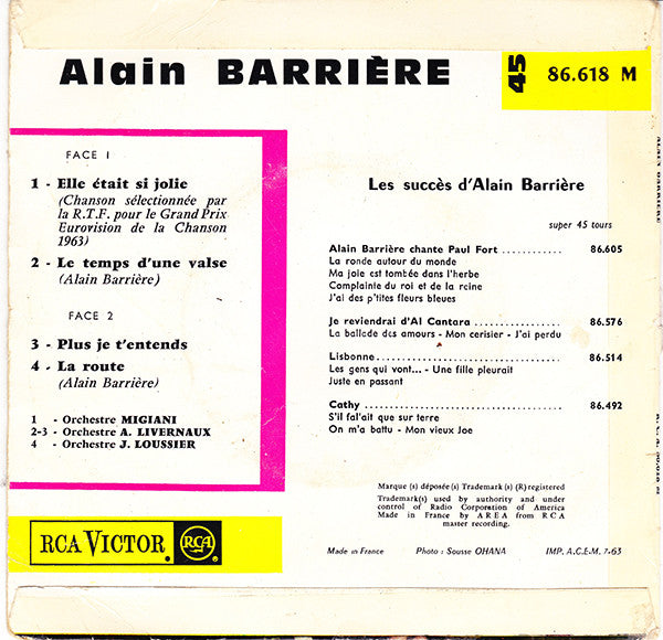 Alain Barrière : Elle Était Si Jolie (7", EP, Mono, RP, Jul)