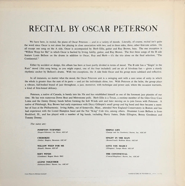 Oscar Peterson : Recital (LP, Album, Mono, RE)