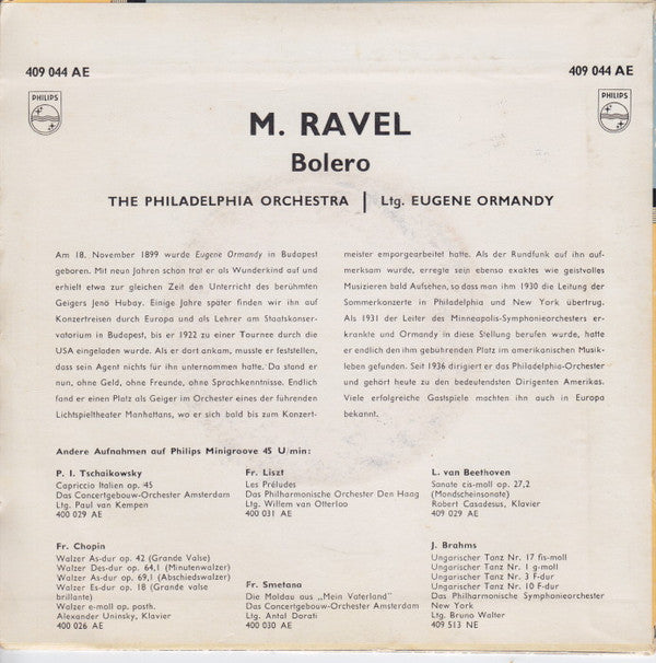Maurice Ravel - The Philadelphia Orchestra, Eugene Ormandy : Bolero (7", EP, Mono)