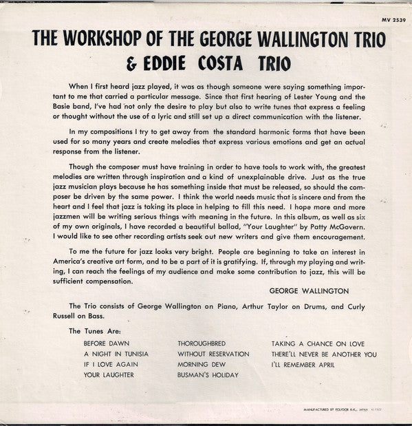 George Wallington Trio & Eddie Costa Trio : The Workshop Of The George Wallington Trio & Eddie Costa Trio (LP, Album, Mono, RE)