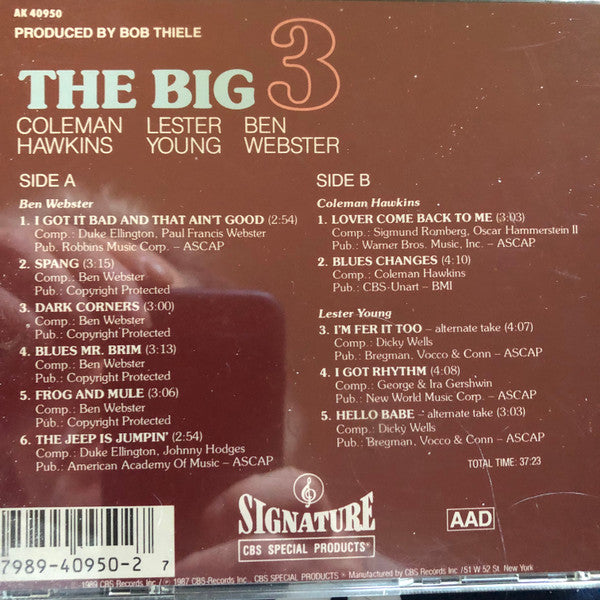 Coleman Hawkins, Lester Young, Ben Webster : The Big Three (CD, Comp, Mono, RE, RM)