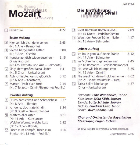 Wolfgang Amadeus Mozart, Fritz Wunderlich, Erika Köth, Lotte Schädle, Friedrich Lenz, Kurt Böhme, Chor Der Bayerischen Staatsoper Und Bayerisches Staatsorchester, Eugen Jochum : Die Entführung Aus Dem Serail - Highlights (CD)