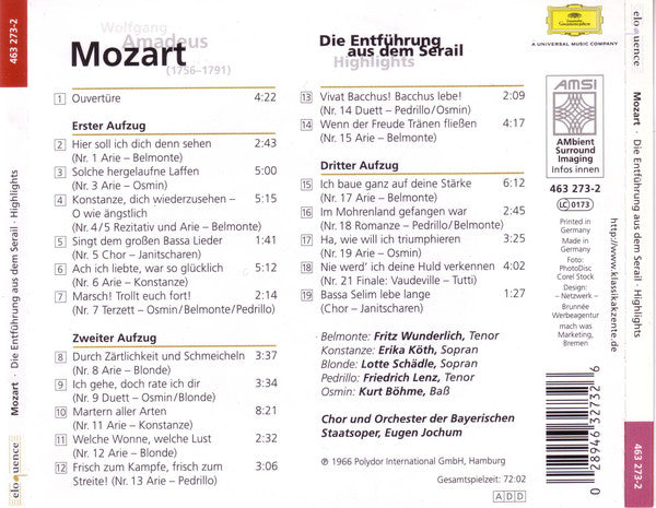 Wolfgang Amadeus Mozart, Fritz Wunderlich, Erika Köth, Lotte Schädle, Friedrich Lenz, Kurt Böhme, Chor Der Bayerischen Staatsoper Und Bayerisches Staatsorchester, Eugen Jochum : Die Entführung Aus Dem Serail - Highlights (CD)