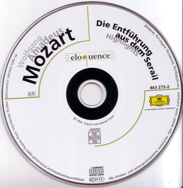 Wolfgang Amadeus Mozart, Fritz Wunderlich, Erika Köth, Lotte Schädle, Friedrich Lenz, Kurt Böhme, Chor Der Bayerischen Staatsoper Und Bayerisches Staatsorchester, Eugen Jochum : Die Entführung Aus Dem Serail - Highlights (CD)