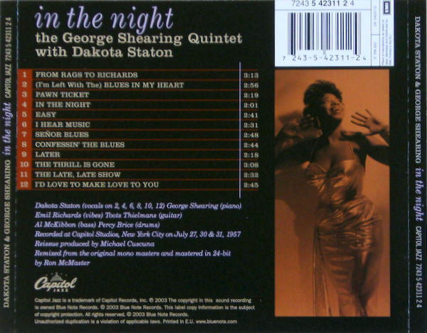 The George Shearing Quintet With Dakota Staton : In The Night (CD, Album, RE)