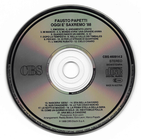 Fausto Papetti : Oggi É - Saxremo '88 - Quarantacinquesima Raccolta  (CD)