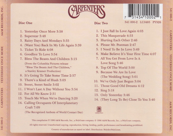 Carpenters : Yesterday Once More (Greatest Hits 1969 - 1983) (2xCD, Comp, RE, RM, RP)