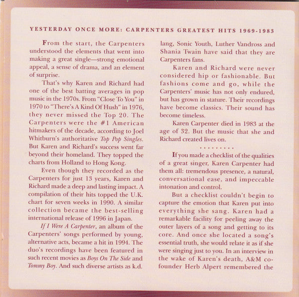 Carpenters : Yesterday Once More (Greatest Hits 1969 - 1983) (2xCD, Comp, RE, RM, RP)