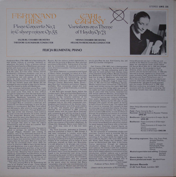 Ferdinand Ries - Carl Czerny, Felicja Blumental, Wiener Kammerorchester, Helmuth Froschauer, Salzburger Kammerorchester, Theodor Guschlbauer : Piano Concerto No. 3 In C Sharp Minor, Op. 55 / Variations On A Theme Of Haydn, Op. 73 (LP)