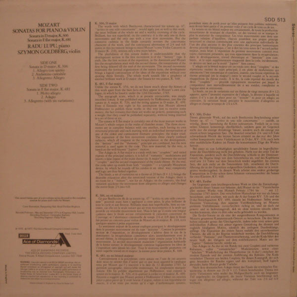 Wolfgang Amadeus Mozart • Radu Lupu • Szymon Goldberg : Sonatas For Piano And Violin In D Major, K.306 & E Flat Major, K.481 (LP, Album)