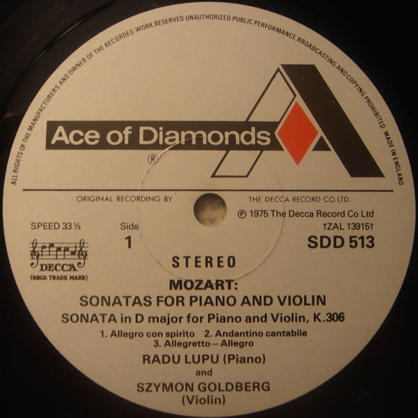 Wolfgang Amadeus Mozart • Radu Lupu • Szymon Goldberg : Sonatas For Piano And Violin In D Major, K.306 & E Flat Major, K.481 (LP, Album)