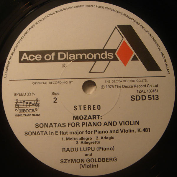 Wolfgang Amadeus Mozart • Radu Lupu • Szymon Goldberg : Sonatas For Piano And Violin In D Major, K.306 & E Flat Major, K.481 (LP, Album)