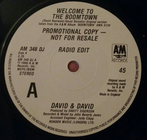David + David : Welcome To The Boomtown (7", Single, Promo)
