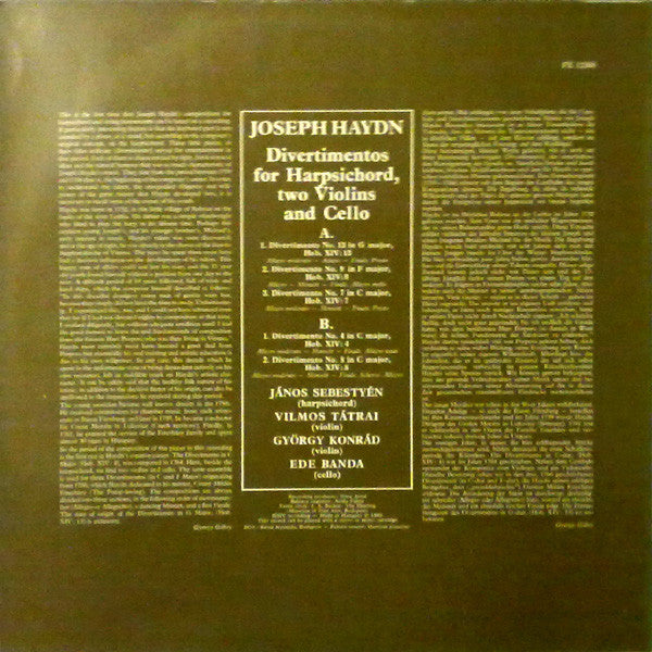 Joseph Haydn, János Sebestyén, Vilmos Tátrai, György Konrád, Ede Banda : Divertimentos (LP, Album)