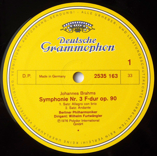 Johannes Brahms – Wilhelm Furtwängler, Berliner Philharmoniker : Symphonie Nr. 3 (LP, Mono, RE)