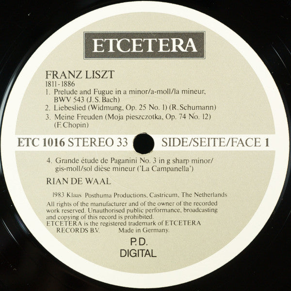 Rian De Waal - Franz Liszt • Carl Tausig • Mily Balakirev • Leopold Godowsky : Romantic Transcriptions (LP)