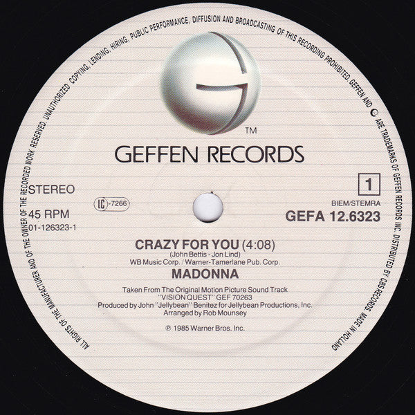Madonna : Crazy For You (12", Maxi)