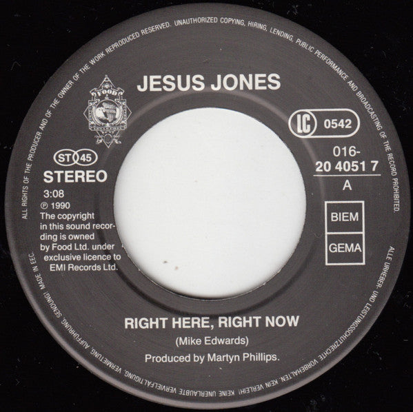 Jesus Jones : Right Here, Right Now (7", Single, Sil)