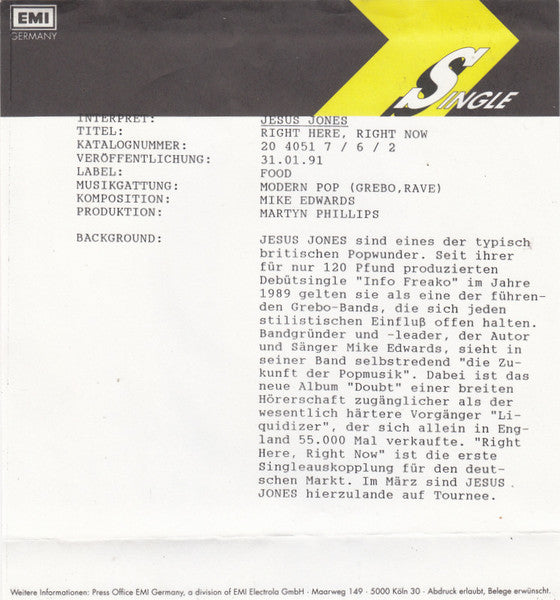 Jesus Jones : Right Here, Right Now (7", Single, Sil)