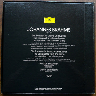 Johannes Brahms, Pinchas Zukerman, Daniel Barenboim : The Violin Sonatas, The Viola Sonatas (3xLP, RE, Box)