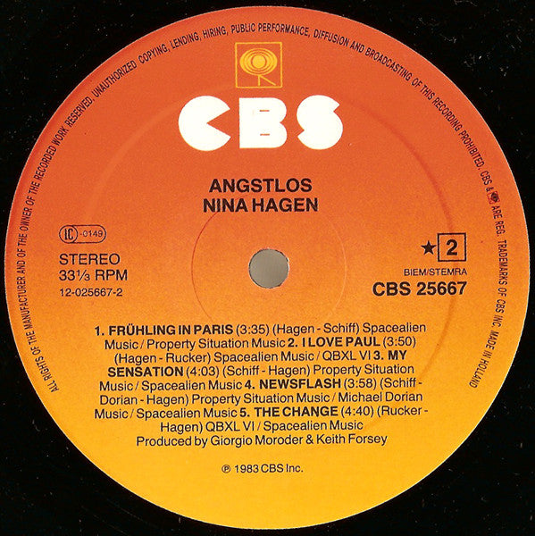 Nina Hagen : Angstlos (LP, Album, Sun)