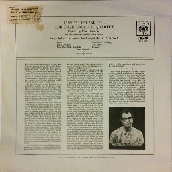 The Dave Brubeck Quartet Featuring Paul Desmond : Jazz: Red Hot And Cool (LP, Album, Mono, RE)