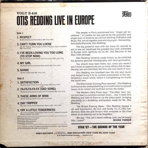 Otis Redding : Otis Redding Live In Europe (LP, Album, Pre)