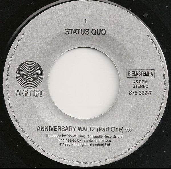 Status Quo : The Anniversary Waltz (7", Single)
