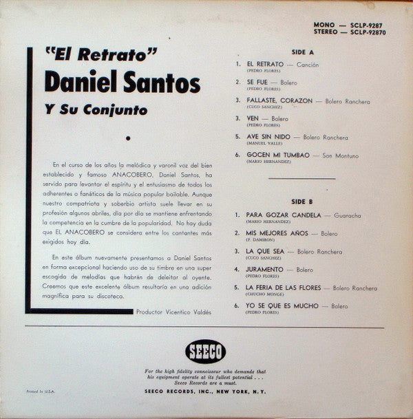 Daniel Santos : Canta El Retrato (LP, Album, Mono)