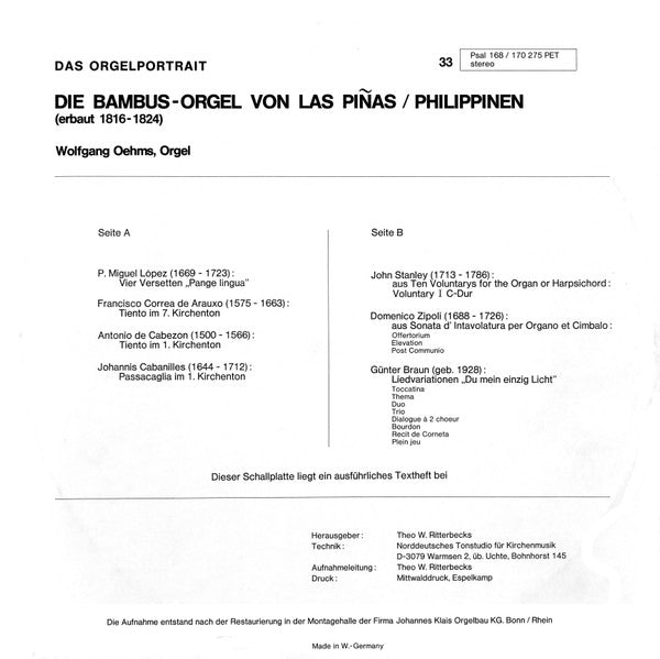 Wolfgang Oehms : Die Bambus-Orgel Von Las Piñas / Philippinen (LP)