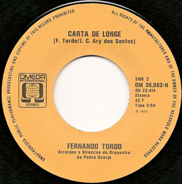 Fernando Tordo : Tourada /  Carta De Longe (7", Single)