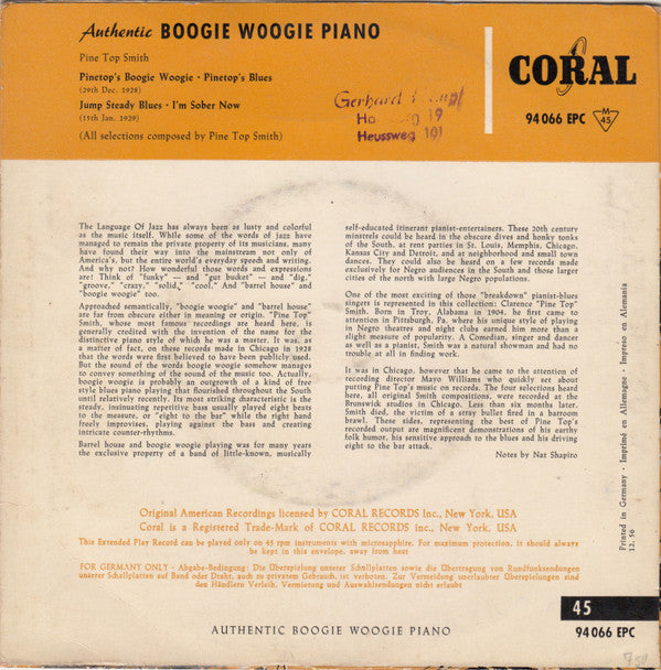 Clarence "Pinetop" Smith : Authentic Boogie Woogie Piano (7", EP, Mono)