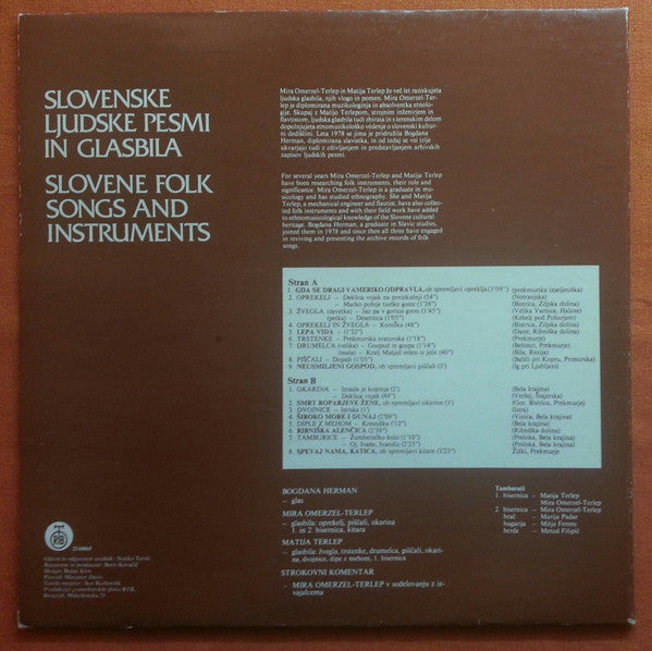 Bogdana Herman, Mira Omerzel Terlep, Matija Terlep : Slovenske Ljudske Pesmi In Glasbila = Slovene Folk Songs And Instruments (Slovenske Ljudske Pripovedne Pesmi, Glasbila In Zvočila) (LP, Album)