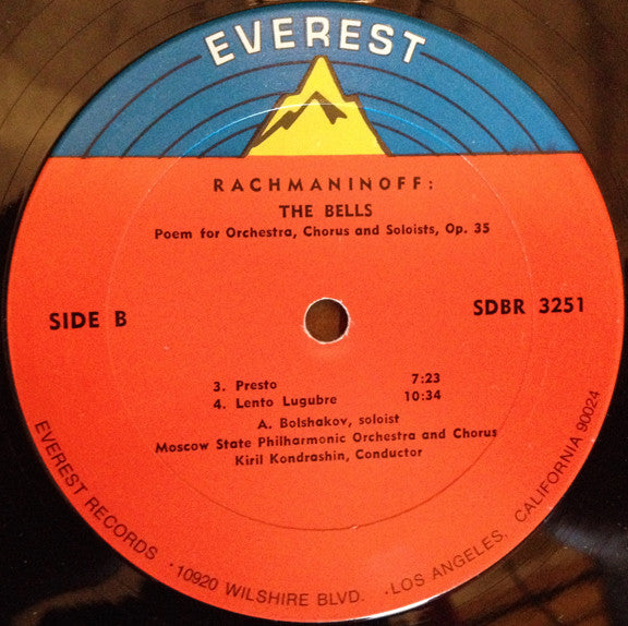 Sergei Vasilyevich Rachmaninoff, Kiril Kondrashin, Moscow Philharmonic Orchestra : The Bells, Op. 35 (Based On The Poems Of Edgar Allan Poe) (LP, Album)