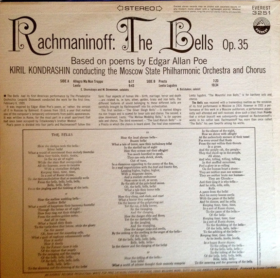 Sergei Vasilyevich Rachmaninoff, Kiril Kondrashin, Moscow Philharmonic Orchestra : The Bells, Op. 35 (Based On The Poems Of Edgar Allan Poe) (LP, Album)