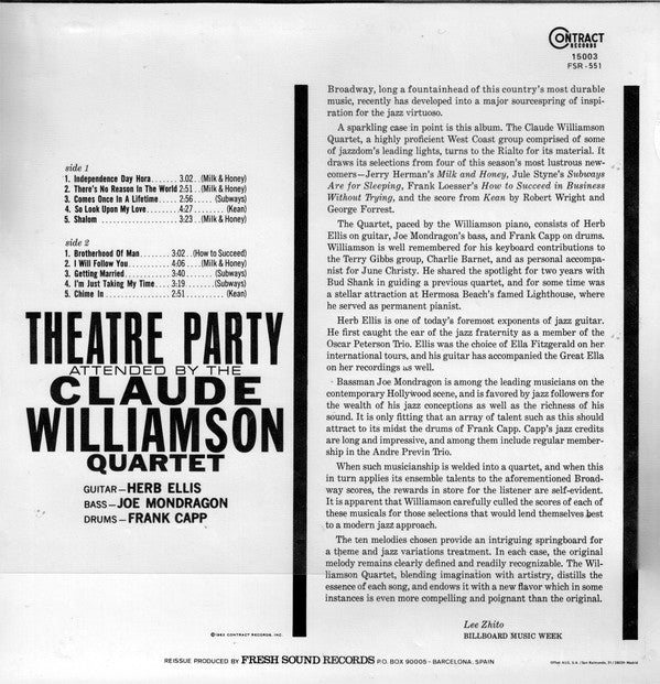 The Claude Williamson Quartet : Theatre Party Attended By The Claude Williamson Quartet (LP, Album, RE)