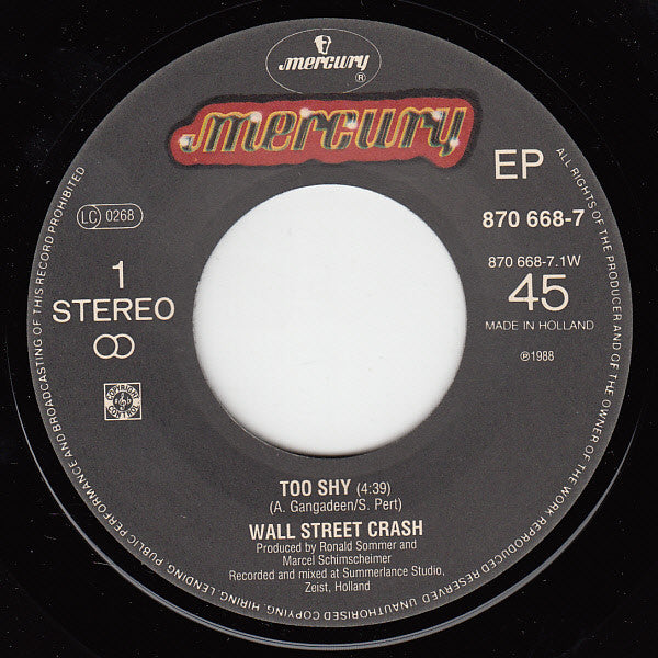 Wall Street Crash : Too Shy (7", Single)