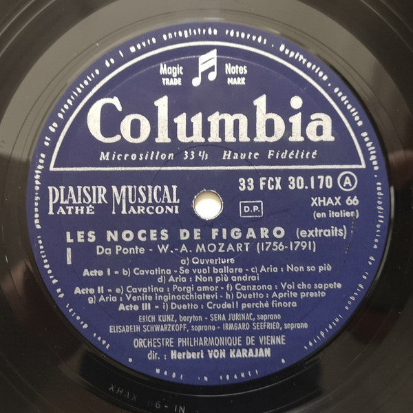 Wolfgang Amadeus Mozart - Elisabeth Schwarzkopf, Irmgard Seefried, Sena Jurinac, Erich Kunz, George London (2), Wiener Staatsopernchor, Wiener Philharmoniker, Herbert von Karajan : Les Noces De Figaro (Extraits) (LP, Mono)