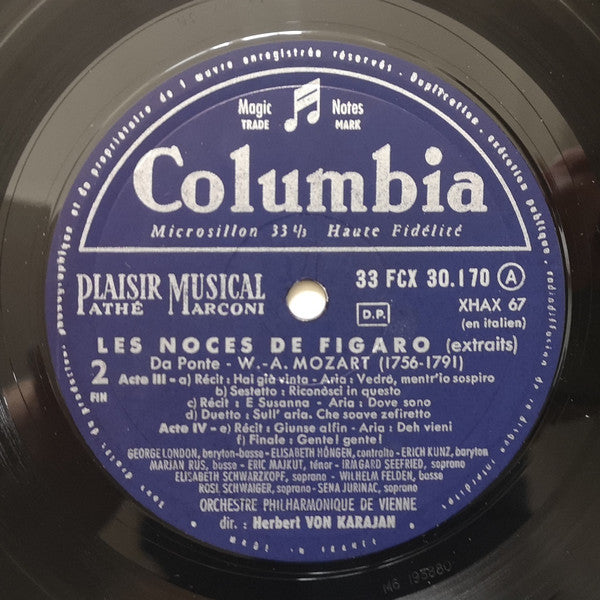 Wolfgang Amadeus Mozart - Elisabeth Schwarzkopf, Irmgard Seefried, Sena Jurinac, Erich Kunz, George London (2), Wiener Staatsopernchor, Wiener Philharmoniker, Herbert von Karajan : Les Noces De Figaro (Extraits) (LP, Mono)