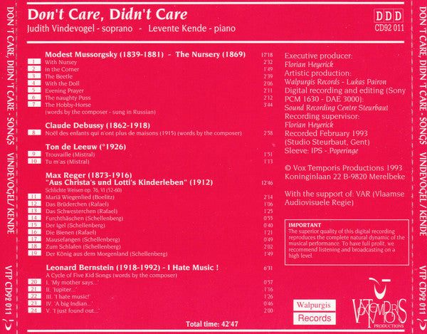 Judith Vindevogel & Levente Kende : Don't Care, Didn't Care - Songs By Mussorgsky, Reger, Bernstein, Debussy, de Leeuw (CD, Album)