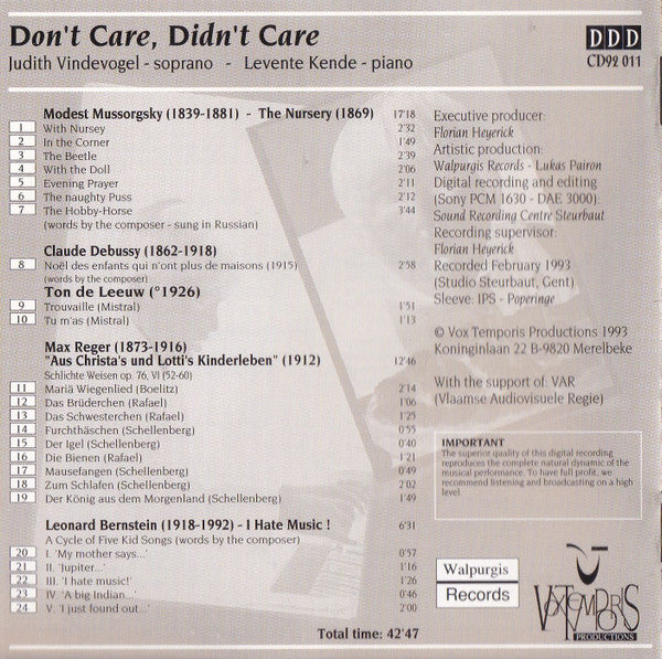 Judith Vindevogel & Levente Kende : Don't Care, Didn't Care - Songs By Mussorgsky, Reger, Bernstein, Debussy, de Leeuw (CD, Album)