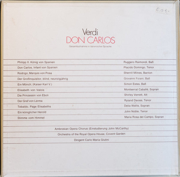 Giuseppe Verdi, Placido Domingo, Montserrat Caballé, Ruggero Raimondi, Shirley Verrett, Sherrill Milnes, Giovanni Foiani, Simon Estes, Orchestra Of The Royal Opera House, Covent Garden, The Ambrosian Opera Chorus, Carlo Maria Giulini : Don Carlos (Box, Album + 4xLP)