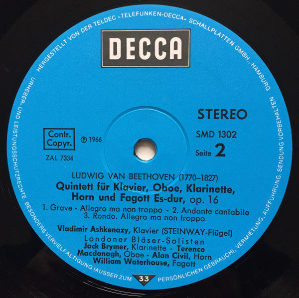 Wolfgang Amadeus Mozart, Ludwig van Beethoven, Vladimir Ashkenazy, London Wind Soloists : Klavier-Quintet Es-dur, K.452 / Klavier-Quintet Es-dur, Op.16 (LP, Album, RE)